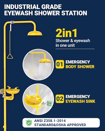 Image of 304 Stainless Steel Combination Emergency Eye Wash Shower Station, Industrial & Commercial Level with Emergency Sign, Safety Eyewash Stations OSHA Approved (ABS Enhanced)