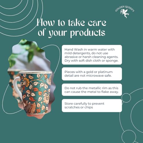 Image of GOLDEN QUEEN'S Mugs Set Of 2 For Coffee, Tea, Milk - Ideal For Your Daily Beverage Ritual, Hosting & Casual Gatherings | 24 K Gold On Rim - Kalamkari Hues In Green, 300 Ml