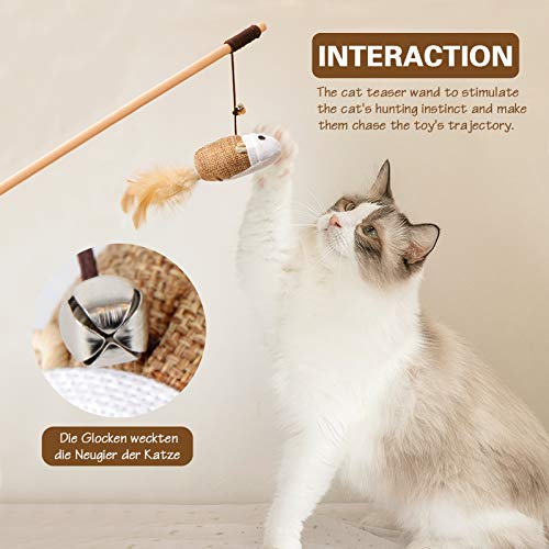 3 Pcs Cat Wand Toys, 16 Inch Natural Wooden Cat Teaser Wand Toys With 5 Pcs Silvervine Sticks For Cat, Interactive Cat Feather Wand Toy For Indoor Cats, Elastic String Cat Pole Toy With Bell, Feather #TOP2