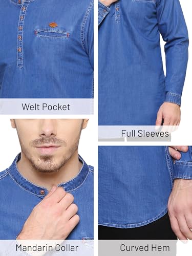Image of Kuons Avenue Men's Denim Casual Short Kurta | Mandarin Collar | Full Sleeves | Tailored Fit- Stylish Ethnic Wear