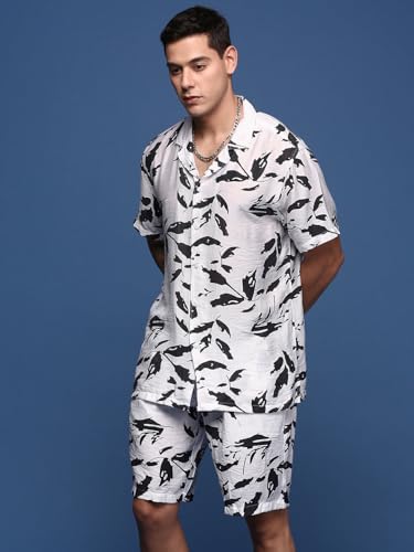 Image of SHOWOFFFF Men Abstract Two-Piece Co Ords | Cuban Collar Half Sleeves Cotton Co-Ords for Mens | Mid-Rise Relaxed Fit Knee Length Co-Ord for Men's