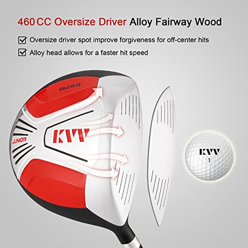 Kvv Junior Complete Golf Club Set For Kids/Children Right Hand, 5-Piece Set Includes Oversize Driver, S#,7# & 9# Irons, Putter, Head Cover, Golf Stand Bag(Red11-13) #TOP4