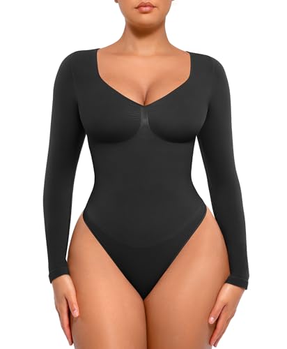 FeelinGirl Women's Long Sleeve Shapewear Bodysuit for Tummy Control Seamless Body Suits Thong V Neck Going Out Tops