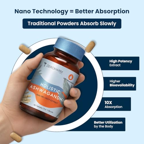 Image of ZEROHARM Nano Ashwagandha Supplement with 10% Withanolides 600mg Per Serving | Ashwagandha Root + Pectin | Natural Adaptogen for Stress Balance, Energy, Focus & Performance | 60 Tablets