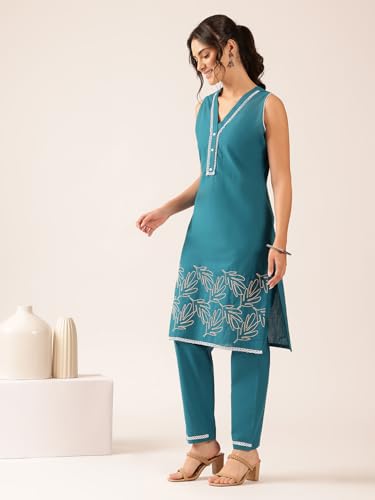 Image of Vbuyz Women's Printed & Hand Work Straight Cotton Blend Parrot Green Kurta,Pant with Dupatta | Kurta Set with Dupatta for Women | Suit Set | Ethnic Set | Printed Kurta Set | Salwar Set for Women