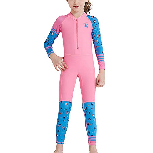 Girls Color Block One Piece Swimsuit Kids Long Sleeve Rash Guard Sunsuit Zipper Swimwear Diving Wetsuit Mock Neck Full Jumpsuit Surfing Beachwear Bathing Suit With Upf 50+ Sun Protection Pink 5-6T #TOP3