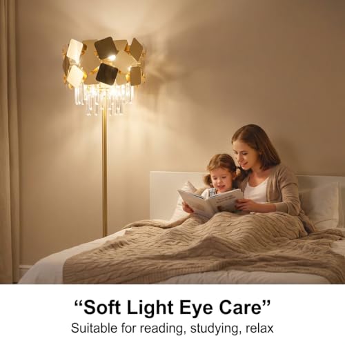 Image of Floor Lamp 3-Color CCT (Warm + Natural + Cold White) Gold Metal & Crystal Shade Standing Lamp for Living Room Bedroom Home Decor