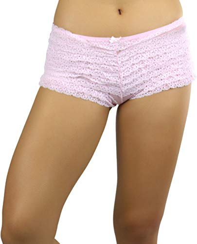 Tobeinstyle Women's Chiffon Ruffle Lace Trim Polyester Blend Booty Shorts - Pink #TOP6
