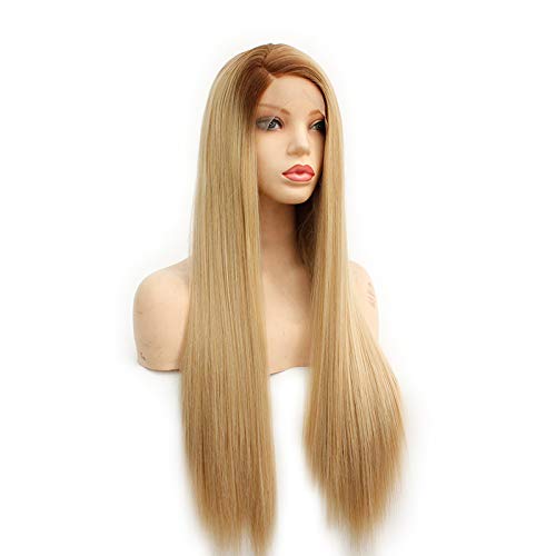 Cosplay Wig Hot Selling Brown/Mixed Gold Gradient Side-Length Straight Hair Silk Fiber Front Lace Synthetic Wig 20Inch
