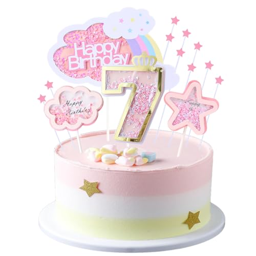 Kawailay 7. Geburtstag Tortendeko Mädchen - Happy Birthday Regenbogen Cake Topper Wolken Sterne Kuchen Deckel - Rosa