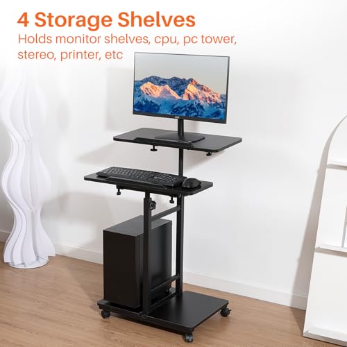 Hovadova Mobile Laptop Stand Desk, Standing or Sitting Rolling Computer Cart with Tower Stand, Adjustable Height 27.5\" to 47.2\" Portable Laptop Table Home Office Computer Workstation, Locking Wheels