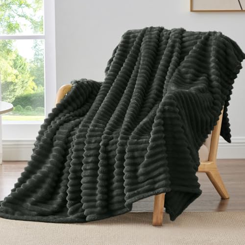 BEDELITE Fleece Throw Blanket for Couch - 300GSM Soft & Warm Fluffy Charcoal Grey Blanket Decorative and Giftable Striped Blankets for Women Men 50x60