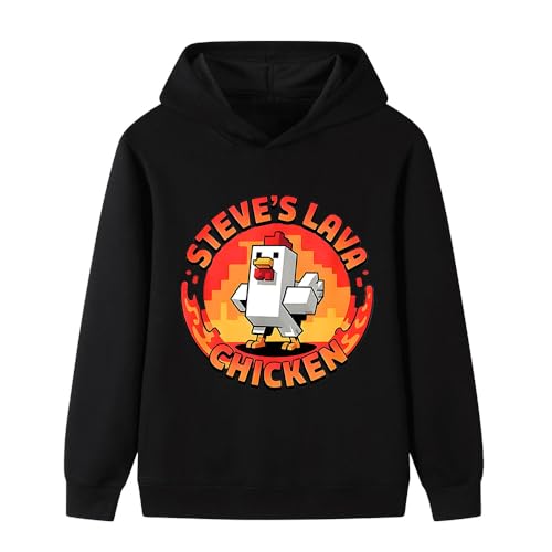 SharkBebe Steve's Lava Chicken Boys Cartoon Hoodie Soft Cotton Jumper Long Sleeve Sweatshirts Pullover for Kids Ages 4-13 (UK, Age, 9 Years, 10 Years, Regular, Black)