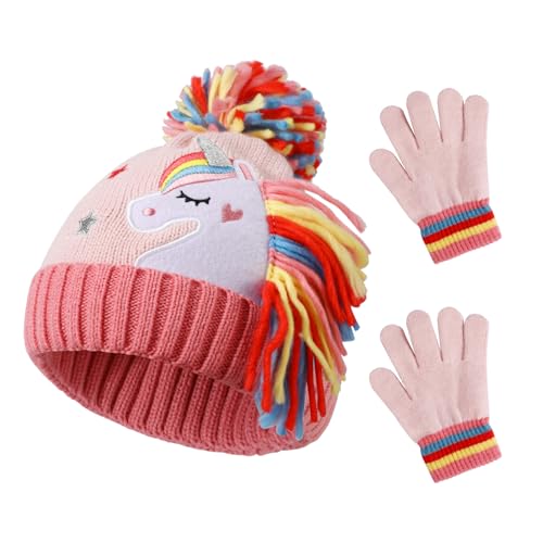 Image of QKURT Kid’s Stretchy Beanie Hat Mittens Set, Toddler Winter knitted Cap with Pom Pom Thermal Gloves Set 2 in 1 Unicorn Cold Weather Accessories for Girls