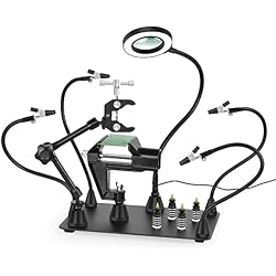 Magnetic Helping Hands Soldering Third Hand, PCB Circuit Board Holder with 3X LED Magnifying Lamp, 360 Hot Air Gun Holder, Extra Large & Heavy Duty Base Plate | Flexible Arms for Soldering Station