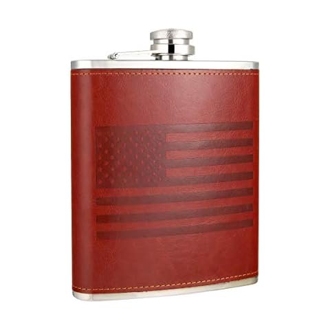 TOX TANEAXON American Flag 18 oz Red Brown Stainless Steel Whiskey Hip Flasks for Liquor with Leather Wrapped Cover