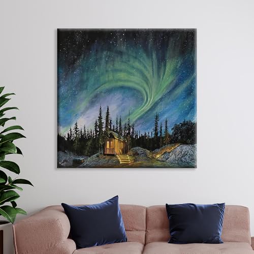 Image of Exsha Aurora Borealis Art Print|Northern Lights Forest Square Canvas Wall Painting|Nature Painting for Wall Decoration|Paintings for Living Room, Bedroom, Office|24x24 Inch|Exquisite Home Decor Gift