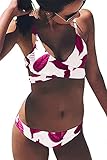 Gepolsterte Softpads CUPSHE Damen Push Up Bikini Set Blättermuster Crossover Bademode Zweiteiliger Badeanzug Rot/Weiß L