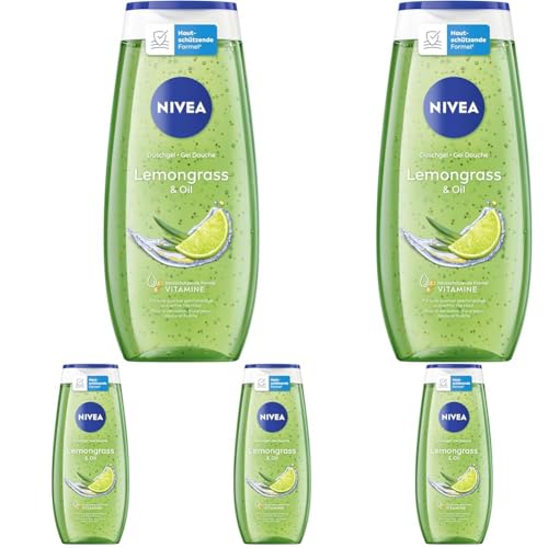 NIVEA Lemongrass & Oil Duschgel, pH-hautneutrale Pflegedusche mit belebendem Zitronengras-Duft, verwöhnende Dusche mit pflegenden Ölperlen (250 ml) (Packung mit 5)