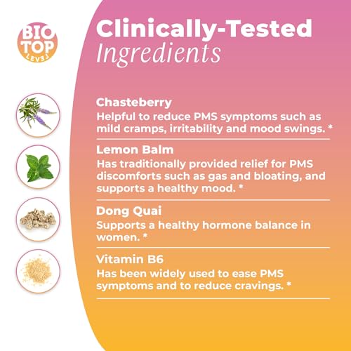 BIOTOPLEVEL PMS Support Supplement for Women & PMS Relief, Hormone Balance & Menstrual Period Relief for Cramps, Bloating & Mood Swings with Chasteberry, Vitamin B6, Lemon Balm, Dong Quai, 30 Count