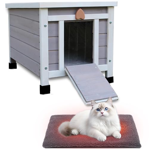 Katzenhaus für draußen mit Selbstwärmematte, wetterfestes Wildkatzenhaus Outdoor, hölzernes kleines Haustierhaus und Lebensräume-mit Matte 42 x...