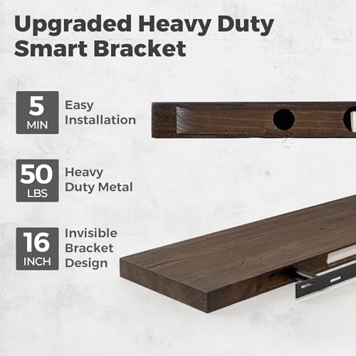 Image of RICHFOCUS Elm Floating Shelves for Wall - 36 inch W x 9.3 inch D Rustic Solid Wood Shelves with Invisible Bracket, Wall-Mounted for Living Room, Bedroom, Kitchen Storage & Display, Set of 2, Walnut