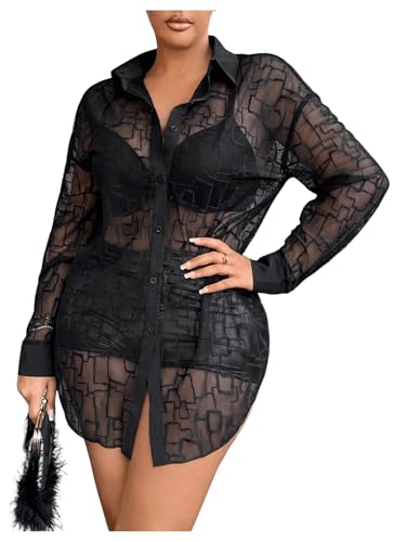 WDIRARA Women's Mesh See Through Blouse Long Sleeve Button Front Sexy Shirt Tunic