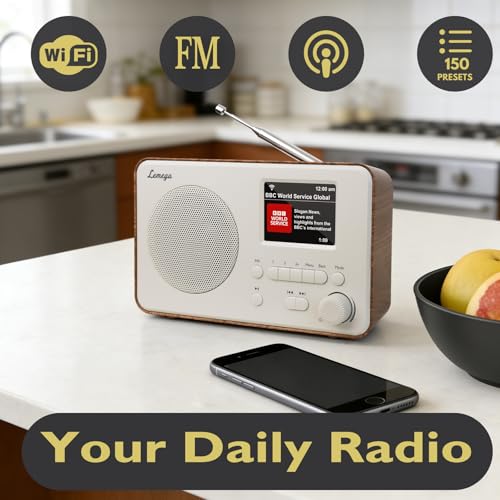 Image of LeMega IR1S Internet Radio, Podcasts, Bluetooth, FM, Walnut | Alarm clock, full colour display, mains or AA battery, compact kitchen radio, snooze, sleep timer, 150 unified presets