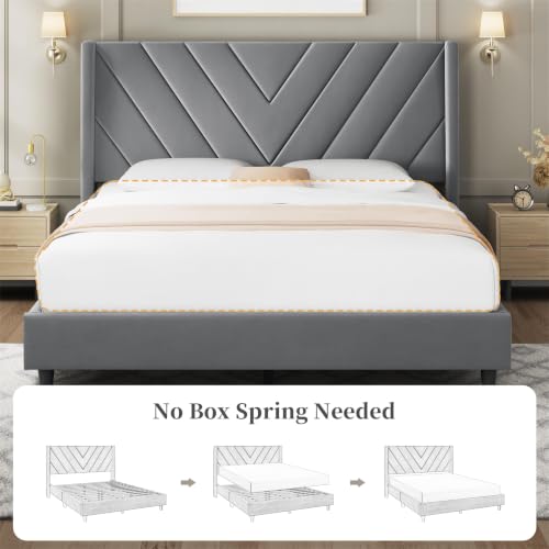Image of Yaheetech Queen Bed Frame Upholstered Platform Bed /Wooden Slat Support /Tufted Headboard with Wing Side /Mattress Foundation /No Box Spring Needed,Light Grey Queen