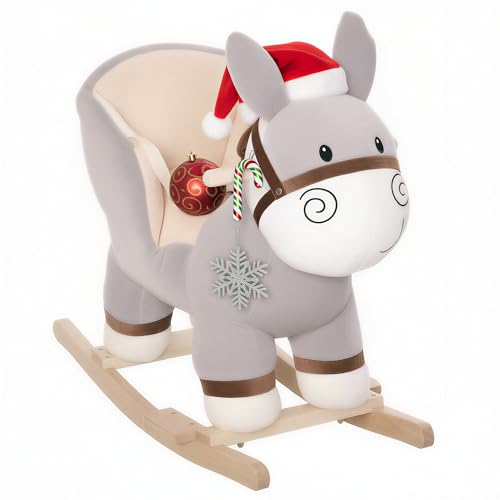 HOMCOM Kids Rocking Horse, Children Plush Ride On Donkey Animal Rocker w/Sound, Wood Base Seat, Safety Belt, Baby Toy Rocker for Toddler 18-36 Months, Grey