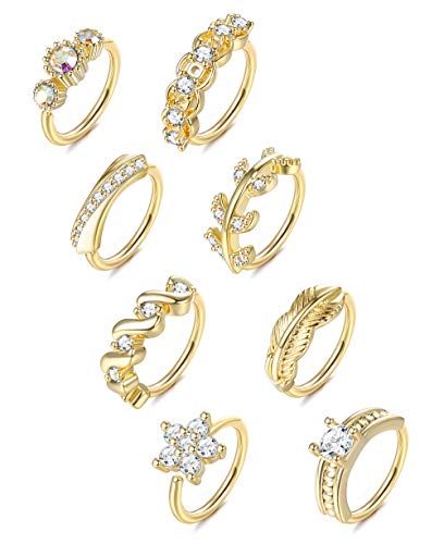 Orazio 8Pcs 20G Stainless Steel Nose Ring Hoop Paved Cz Leaf Cartilage Earring For Women Body Ear Piercing Hoop Ring For Nose Ear Cartilage #TOP26