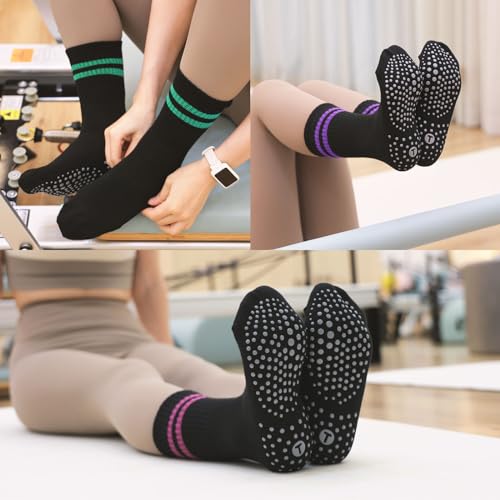 Image of Toes Home Pilates Socks for Women with Non Slip Grippers, Yoga Crew Socks for Barre Hospital Sticky Slipper Socks 4 Pairs