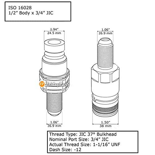 Image of FridayParts #12 JIC Flat Face Hydraulic Quick Connect Coupler | Compatible for Bobcat 7753 773 863 873 963