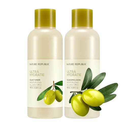 Nature Republic Toner Emulsion Set with Olive Leaf Extracts - Home Skin Care Moisturizer Set with Real Egyptian Olive 10,000ppm, Shea Butter, Vitamin E