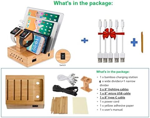 Yisen Handy Wood Bamboo Multi Device Smartphone Charging Station 5-Port USB Charging Dock DIY Assemble Organizer Holder for iPhone/iPad/Apple iWatch/Cellphone/Tablets/E-reader/Power Bank