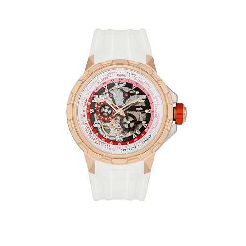 Image of HEXA Atlas Automatic Mechanical Skeleton Chronograph Watch for Men | Miyota Japan Movement | Transparent Analog Dial | 42.5 mm Stainless Steel Case | White Silicone Strap | Sapphire Crystal | 5ATM Water Resistant Luxury Watch