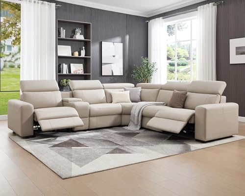 Image of AMERLIFE Power Recliner Sectional Sofa with Storage /USB Port, Leather Recliner Sofa with Adjustable Headrest, Reclining Sectional Couches with Console and Cup Holder for Living Room (Beige Brown)
