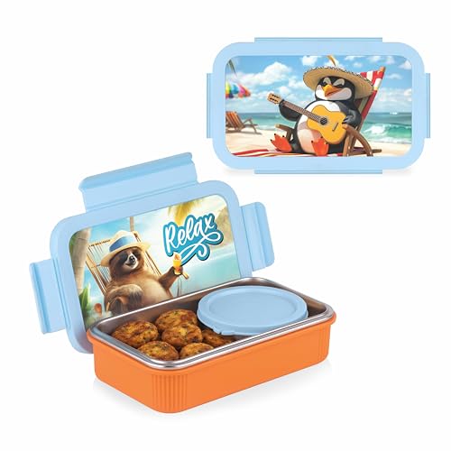 Image of ATTRO Treat Time Stainless Steel Insulated Lunch Box with Inner Steel Body, Airtight 4-Side Lock Lid, Leakproof Silicone Seal, Small Container-560ml+150ml-Relax Bear Blue Orange