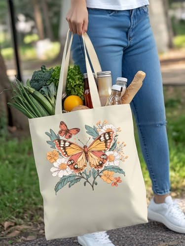 Boho Vintage Flower Butterfly Canvas Tote Bag, Aesthetic Canvas Tote Handbags for Women Shoulder Bag4