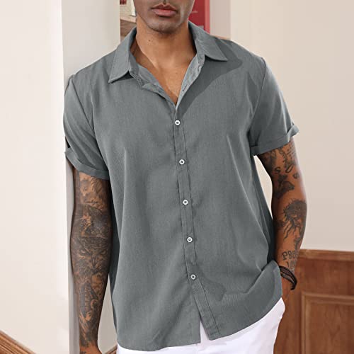Men's Casual Summer Button Down Shirts Short Sleeve Holiday Beach Vintage Chambray Top Grey L #TOP1