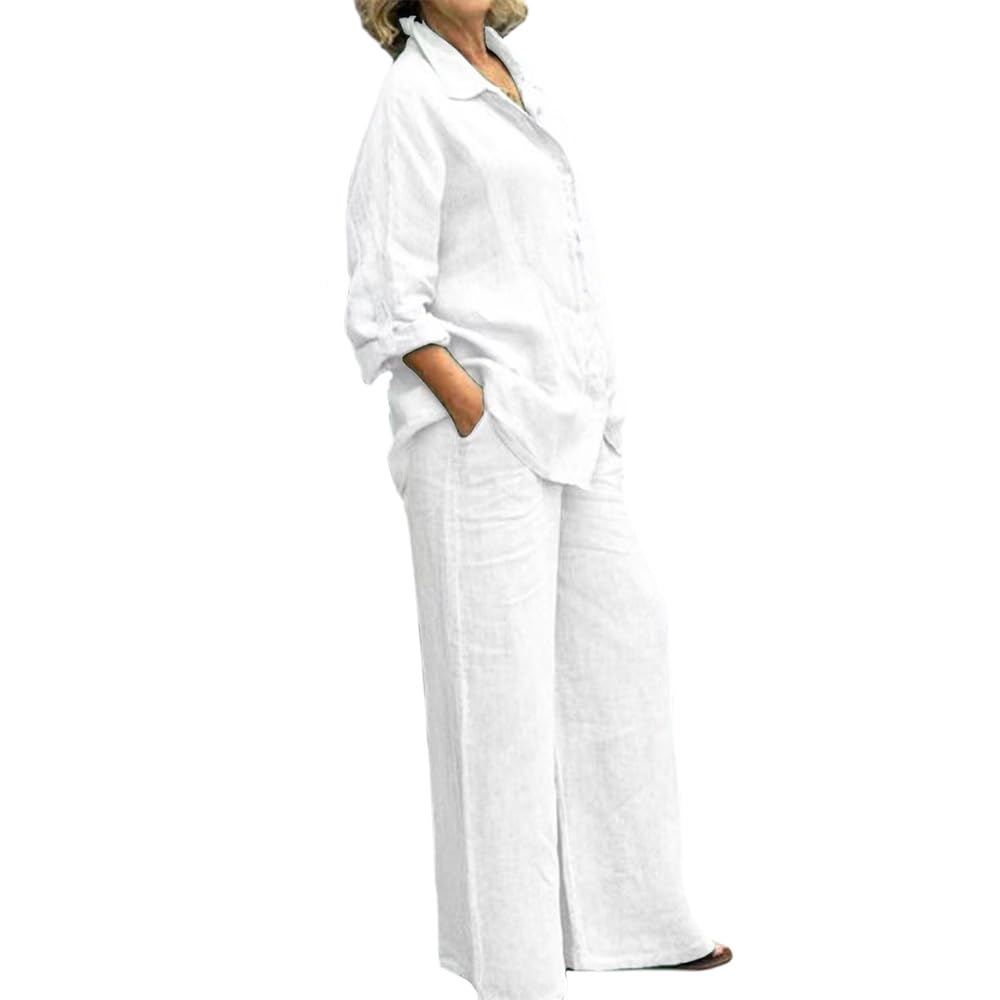 Ensemble décontracté 2 pièces en lin pour femme - Pantalon en coton et lin avec chemise boutonnée - Tenue à manches longues