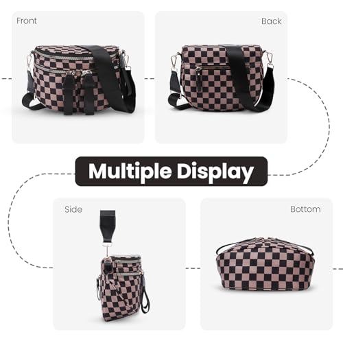 Image of hibear Checkered Crossbody Bag Spacious Bum Bags for Women Nylon Crossbody Fanny Packs Checkered Purse Belt Wallet (W-Mocha)