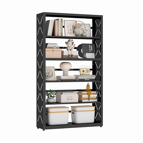 Metal Bookshelf, 5 Tier Wide Bookcase with Adjustable Shelves, Tall Black Book Shelf with Bookends, Large Display Shelves for Living Room, Home Office, Library Black 5 Tier-31" W