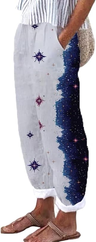 Womens Fashion 2024 Summer Casual Star Printed Palazzo Pants Loose Elastic Waist Cotton Trouser Flowy Leg Pants