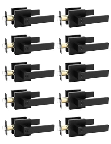 Tinewa 10 Pack Square Privacy Door Levers Locksets in Matte Black Finish, Bed/Bath Door Levers Keyless Interior Handles,Reversible for Left Right Handed Doors
