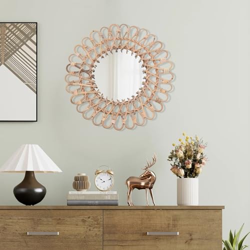 SAUADY Specchio da parete rotondo in rattan decorativo per ingresso, soggiorno, bagno, diametro totale: 40 cm, colore legno