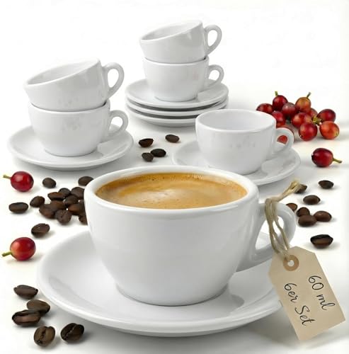MUVELL Set 6 Tazzine da Caffè Espresso 60 ml con Piattini in Porcellana Bianca Stile Italiano Spesse e Resistenti Lavabili in Lavastoviglie Idea Regalo