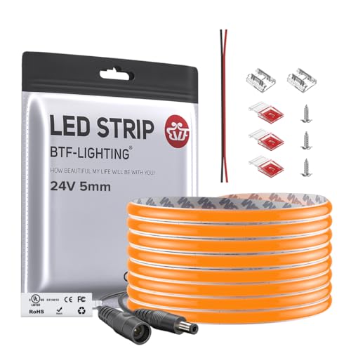 Image of BTF-LIGHTING FCOB COB LED Strip Orange Color 5mm Width UL Listed Super Narrow Flexible Uniform Light DC24V 16.4FT CRI 90+ Dimmable LED Ribbon for Bedroom Home Indoor Decor(No Adapter or Controller)