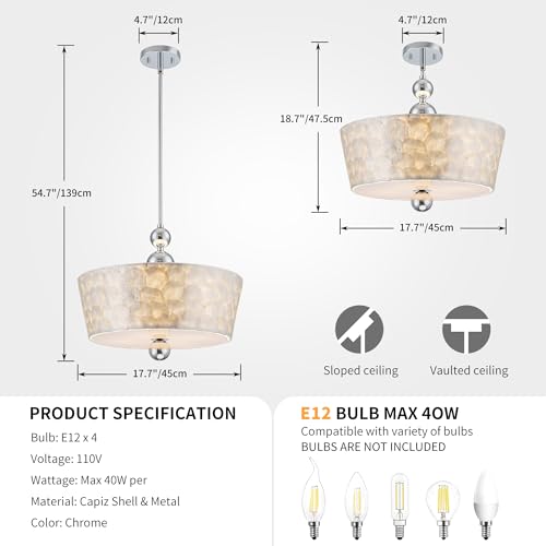 Pine Flicker 3-Light Capiz Shell Crystal Drum Ceiling Light, Coastal Style Close to Ceiling Light Fixture for Dining Room, Living Room & Bedroom, D45*H47.5~139 cm, Clear Crystal & Gold Finish by Pine Flicker - Image 3