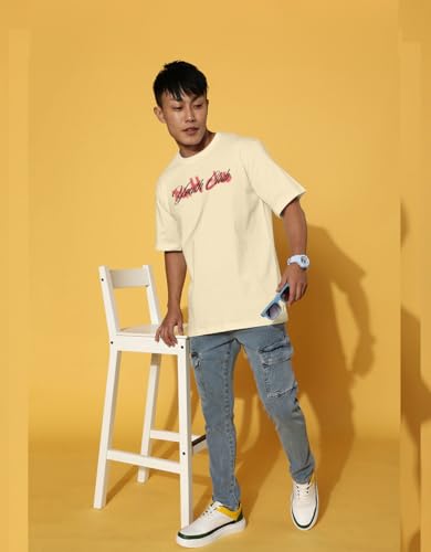 Image of Cotton Blend Oversized Loose Fit Drop Shoulder Graphic Printed Men's Half Sleeve T-Shirt (Sizes: S to 2XL)
